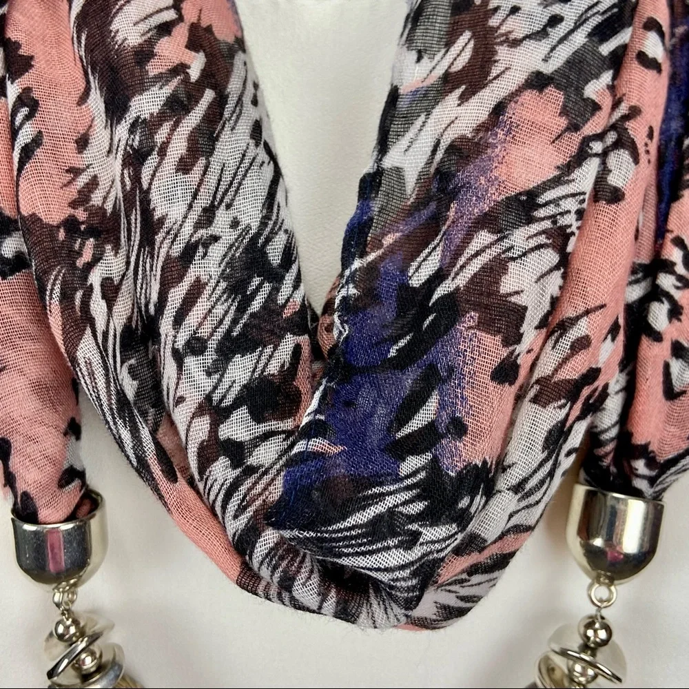 Infinity Scarf Pink Black Leopard Print Chiffon with Beads